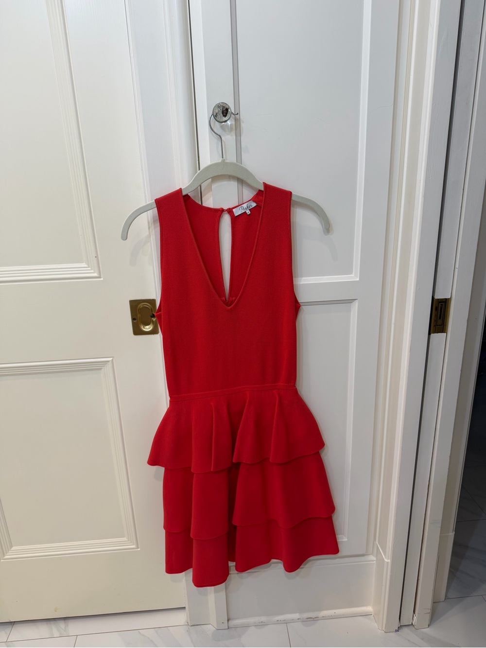 Parker Red Sleeveless V-Neck Tiered Peplum Midi Dress